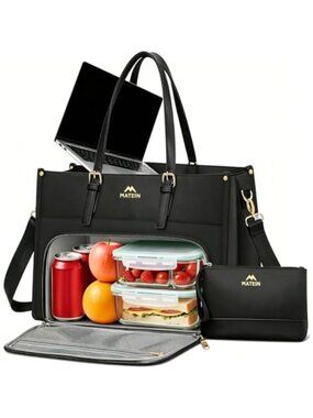 Laptop Tote Bag PU Leather Insulated Lunch Compartment Fits 15.6"